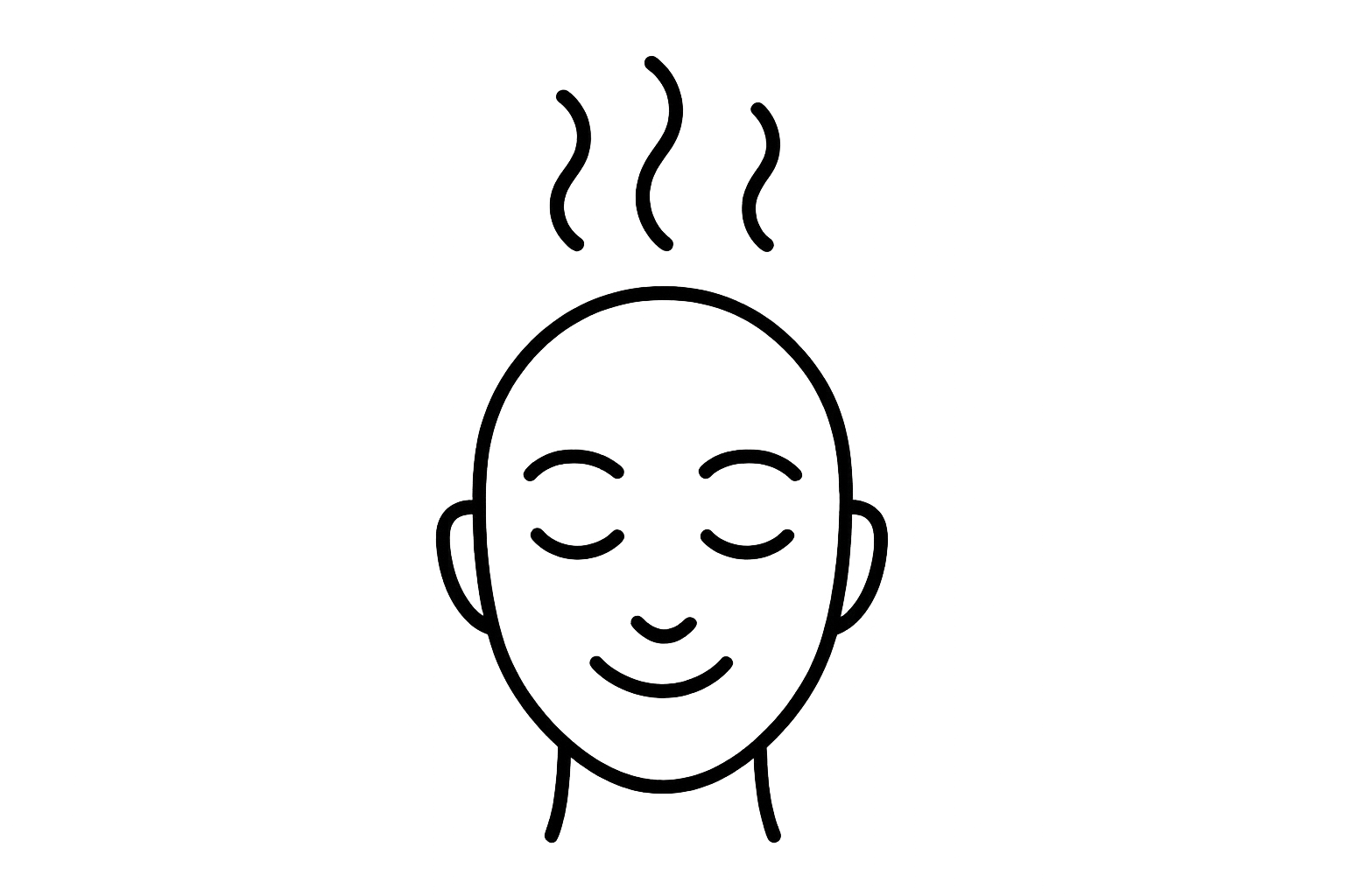 Minimal black line icon of a calm face with gentle steam lines above it, representing a relaxing spa experience at home, transparent background