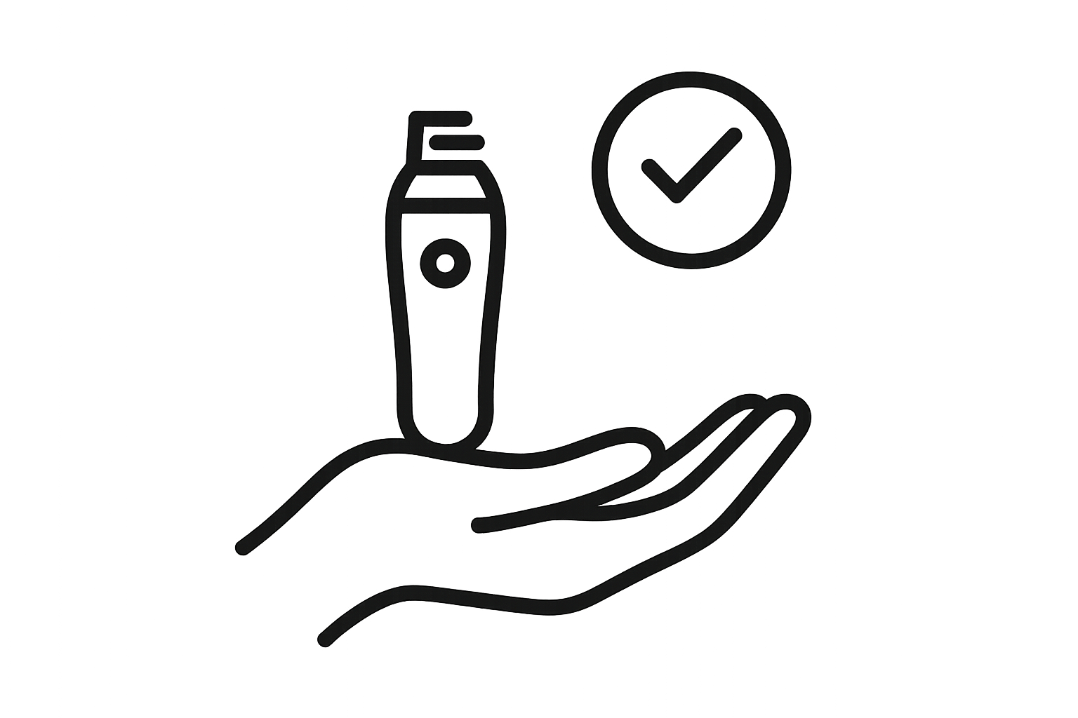Simple black line icon of a hand holding a small beauty device with a checkmark, symbolizing safe and easy use, transparent background.
